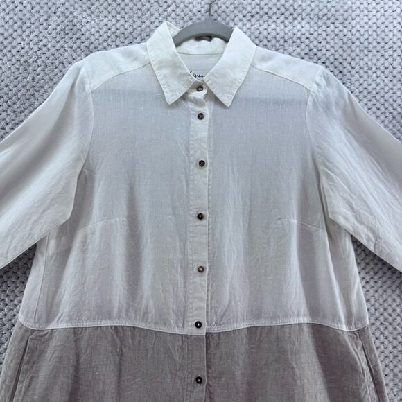 iLinen Top Womens M Beige Linen Colorblock Tunic Button Front Pockets Lagenlook - Picture 2 of 13